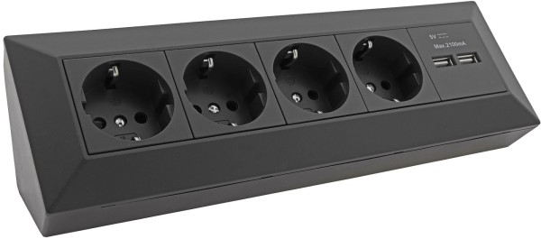 4-fach Steckdosenblock + 2x USB schwarz 250V~/ 16A Aufbaumontage