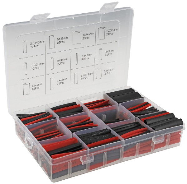 560teiliges Schrumpfschlauch Sortiment in Plastikbox Ratio 2:1 schwarz und rot