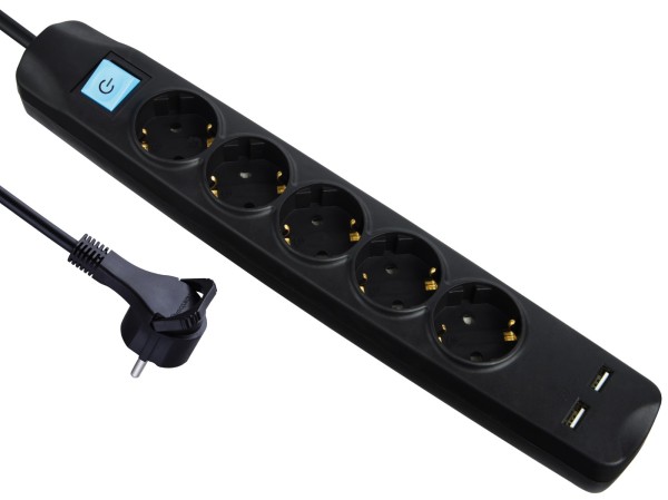 5-fach Steckdosen-Leiste mit 2x USB flachem Schutzkontaktstecker & beleuchtetem Schalter - 3 m schwa