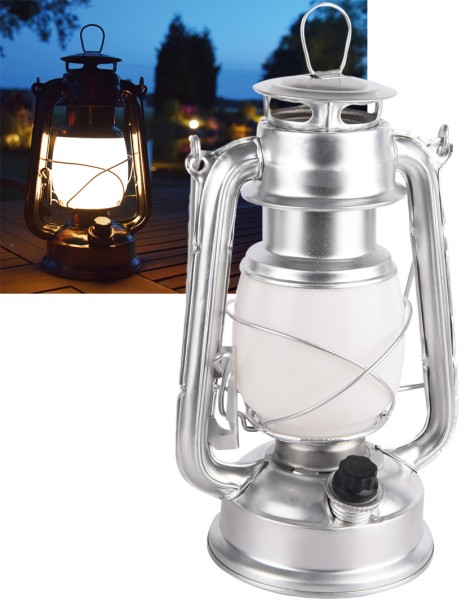 LED Camping Laterne silber Retro Petroleum Stil Zelt Outdoor Lampe dimmbar 4x AA